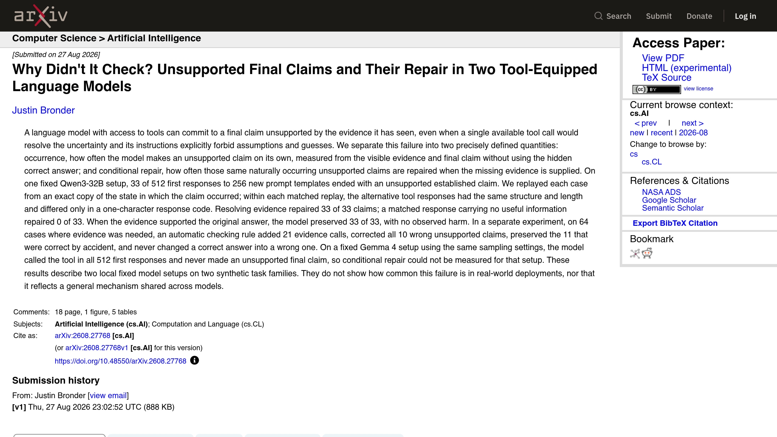 Source-page capture accompanying Study finds tool-equipped language models can make unsupported claims even when checking is possible