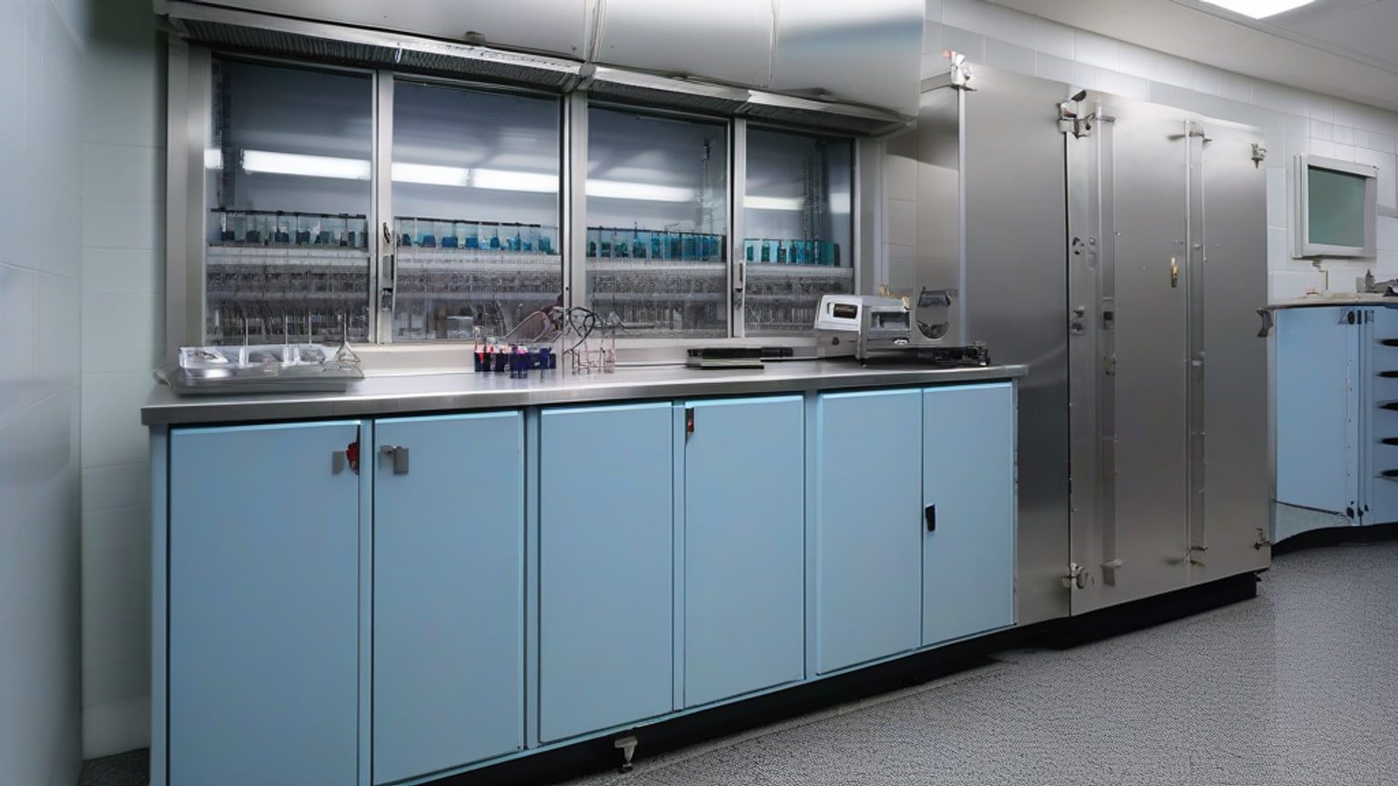 An empty university computational-science laboratory with unbranded computing and scientific equipment on a stainless-steel bench