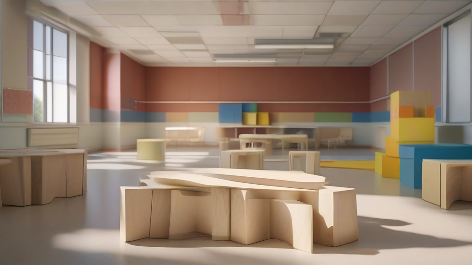 An empty developmental assessment room in a university clinic, with wooden play materials on a low table and a one-way observation window