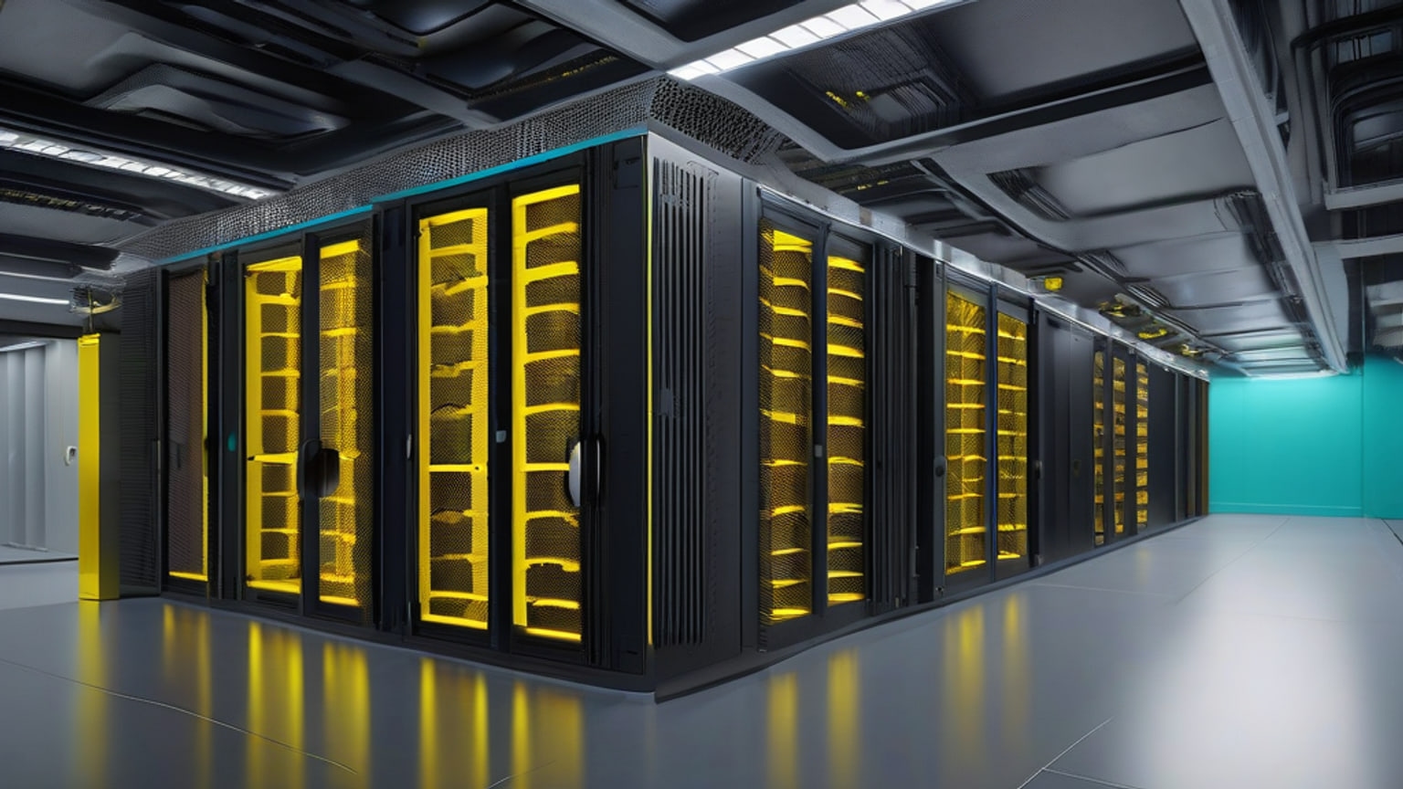 Rows of dark server cabinets filled with accelerator chassis in a data-hall aisle, with fiber cables running up to overhead ladder trays.