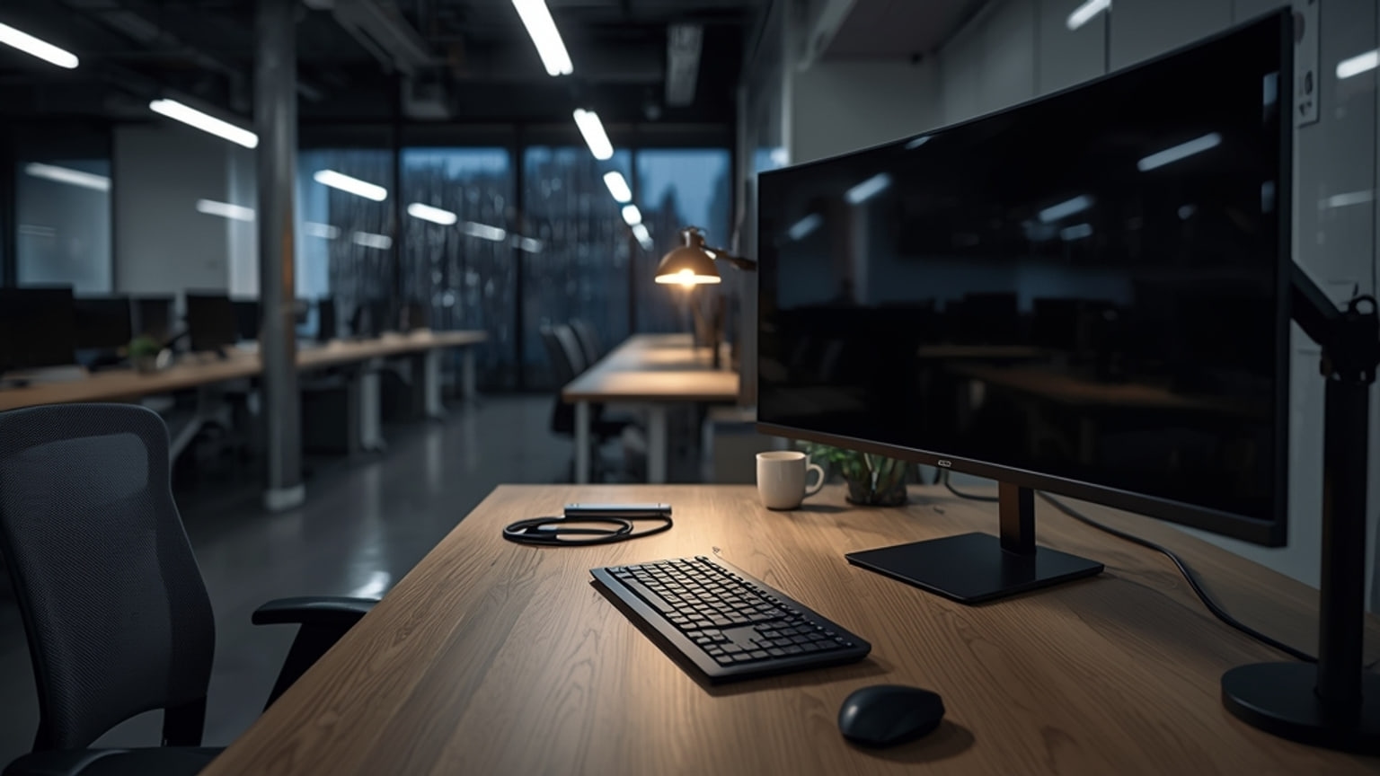 An empty open-plan software engineering office at night, with a mechanical keyboard, a closed laptop and a dark, powered-off widescreen monitor on a standing desk under overhead strip lighting.