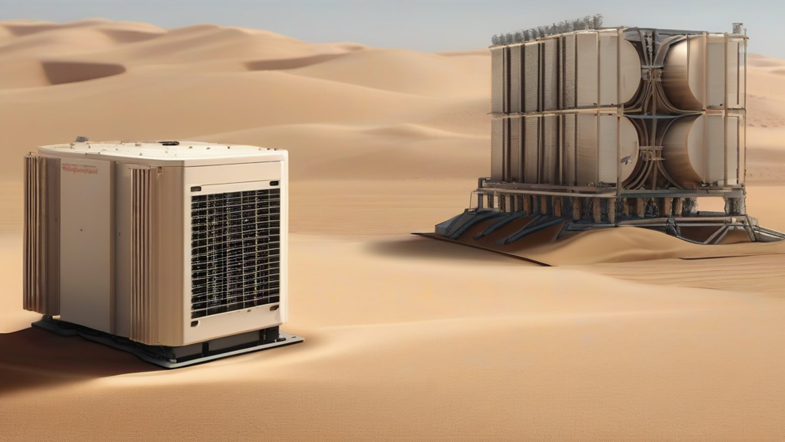 Restrained editorial illustration of an unbranded semiconductor package beside industrial cooling equipment on a sand-colored surface, representing the UAE’s AI infrastructure ambitions and exposure to geopolitical risk.