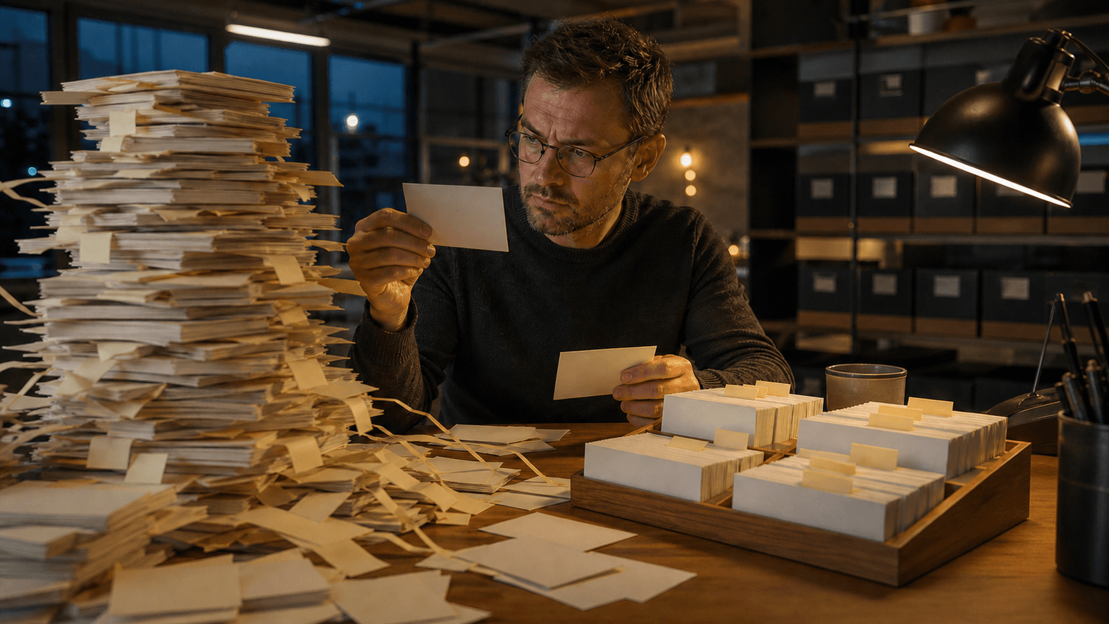 A software maintainer compares a towering pile of accumulated blank instruction cards with a compact, organized card system that preserves context.