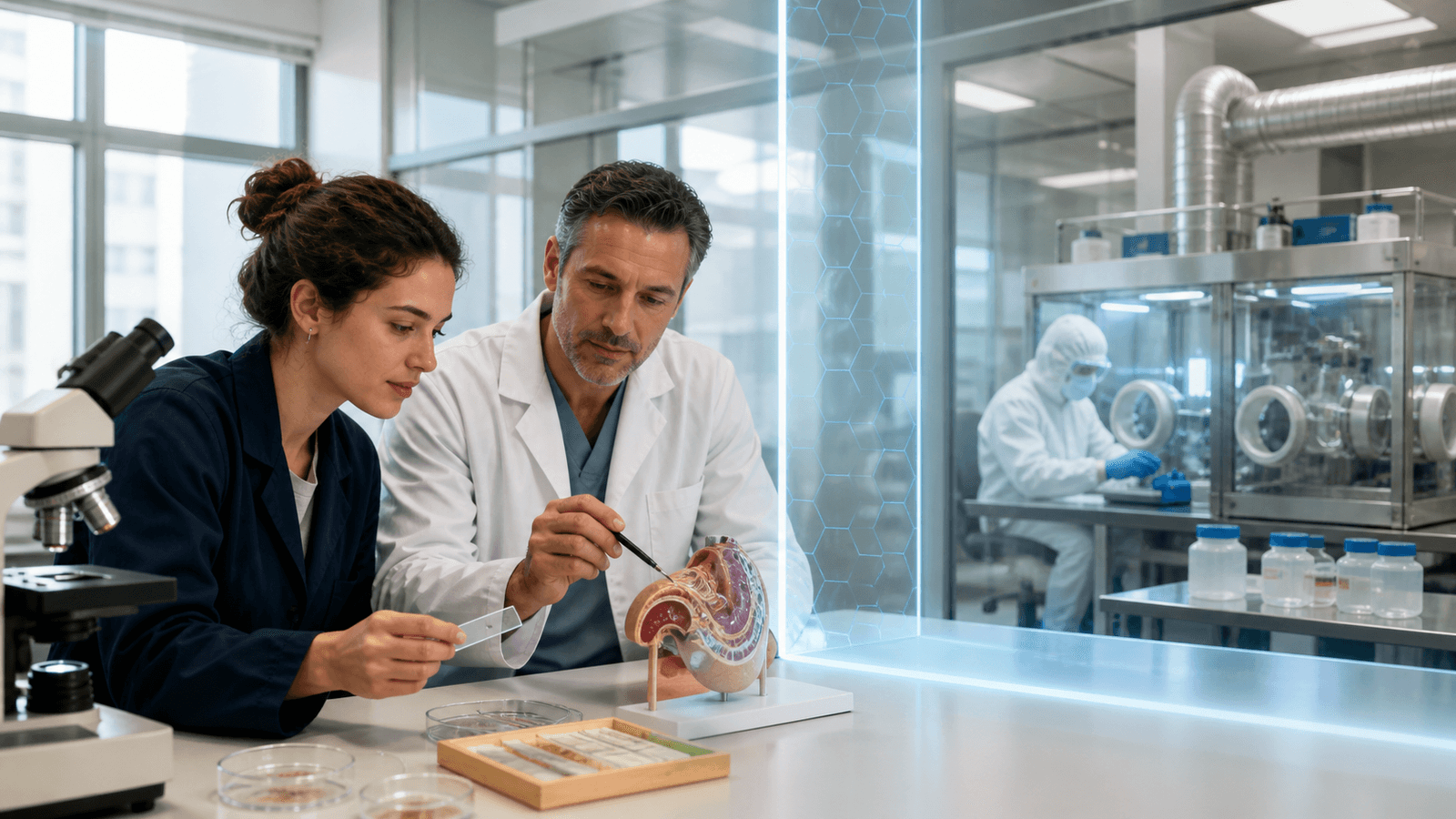 A clinician and biology student examine benign samples passing through a transparent screening boundary while higher-risk laboratory equipment remains secured behind glass.