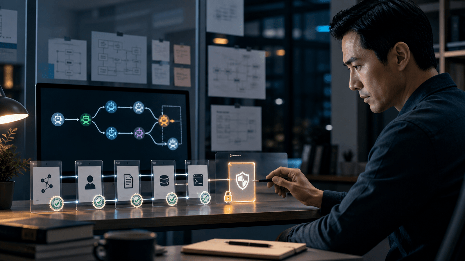 A security engineer traces an AI agent's delegated task through linked authority records before approving a guarded action.
