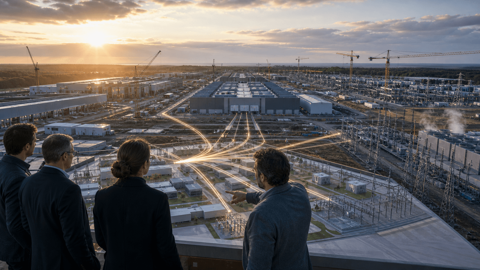 Infrastructure planners study a scale model of substations and modular compute halls overlooking a large data-center campus under construction at dawn.