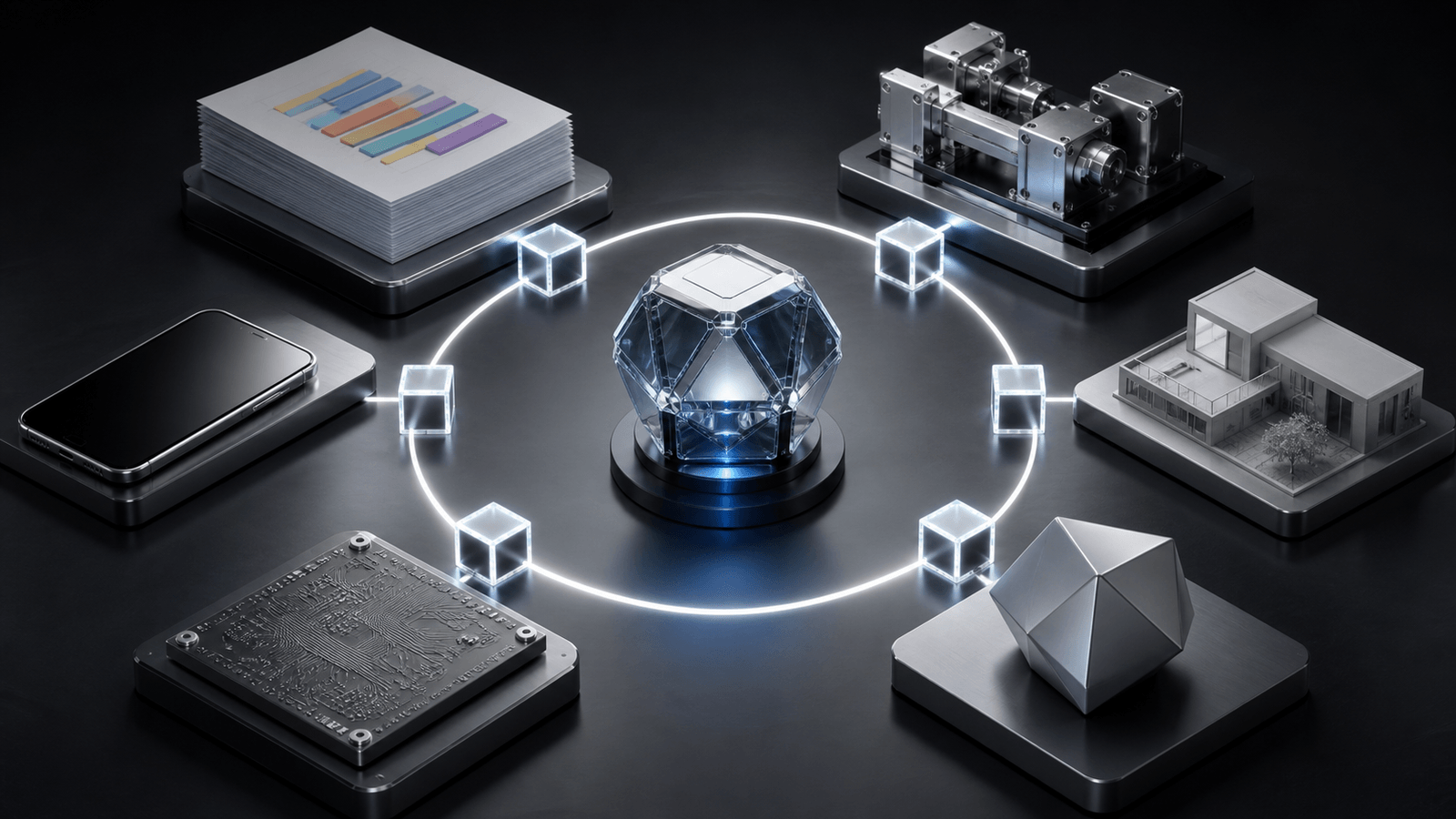A central orchestration core links research, software, engineering, and design artifacts through a circular series of glowing verification checkpoints.