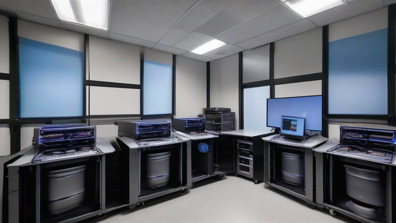 Unoccupied university machine-learning laboratory with compact GPU workstations arranged on a metal rack