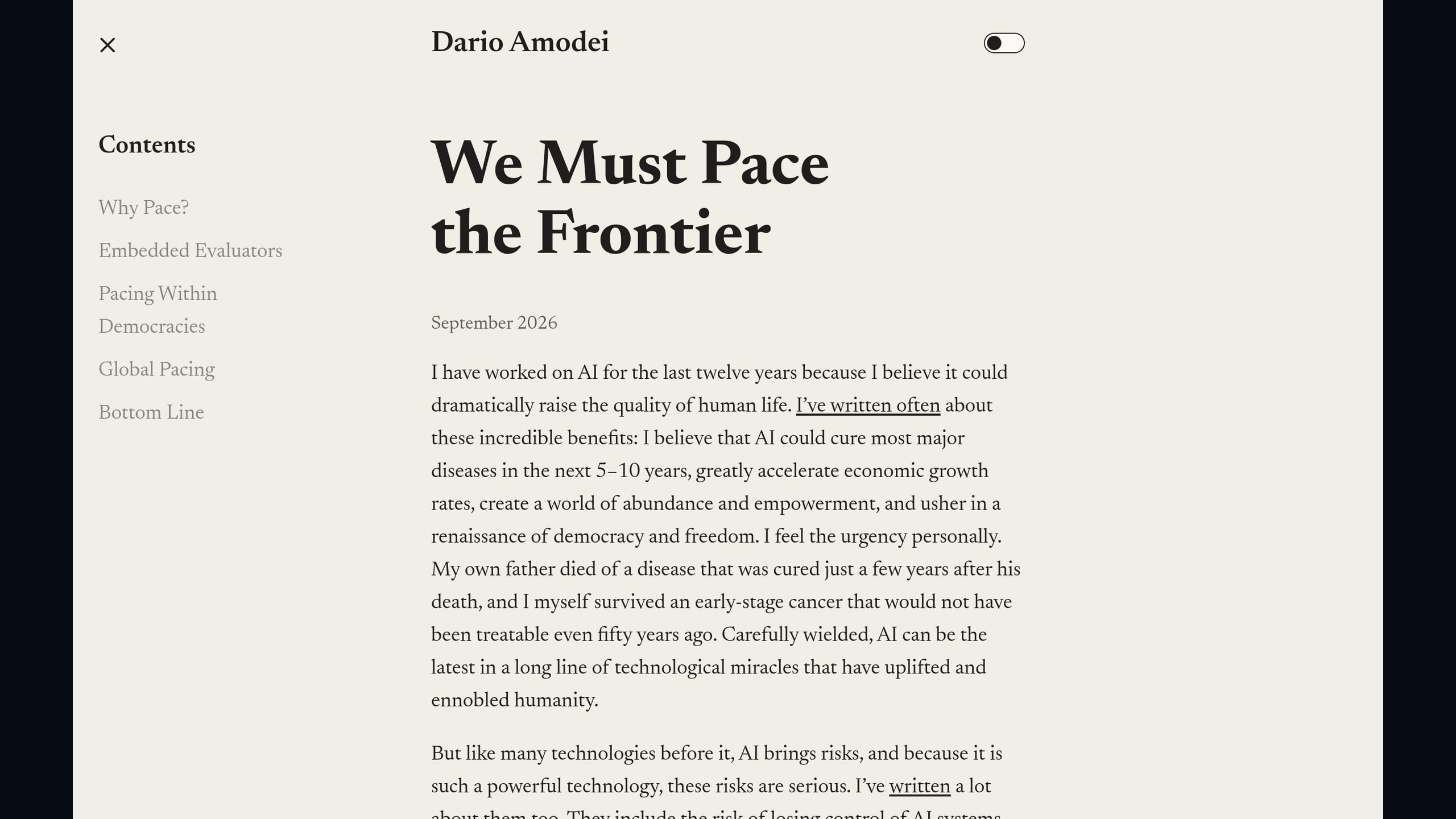 Source-page capture accompanying Anthropic CEO calls for slower AI progress and embedded safety evaluators