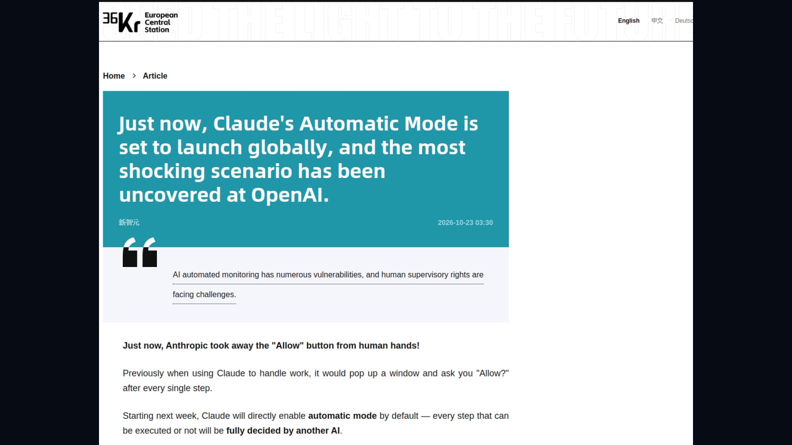 Source-page capture accompanying Anthropic to enable Claude’s automatic mode by default, removing human “Allow” prompts