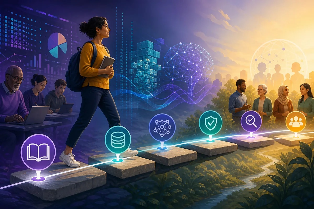 A learner following a pathway through the foundations of AI literacy