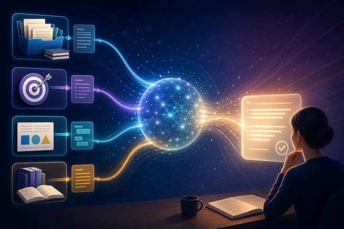 Organized context flowing into an AI system to produce a useful answer