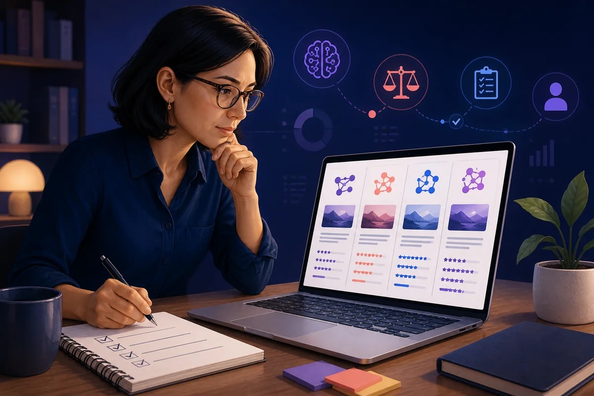 A professional comparing AI tools with a practical evaluation scorecard