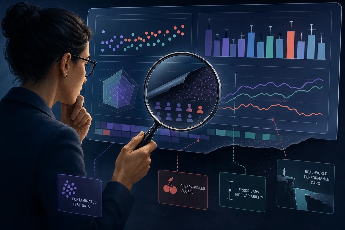 An analyst examining an AI benchmark and uncovering hidden caveats