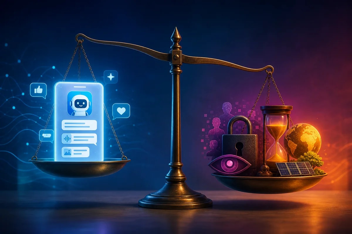 A conceptual balance showing the hidden tradeoffs of free AI products