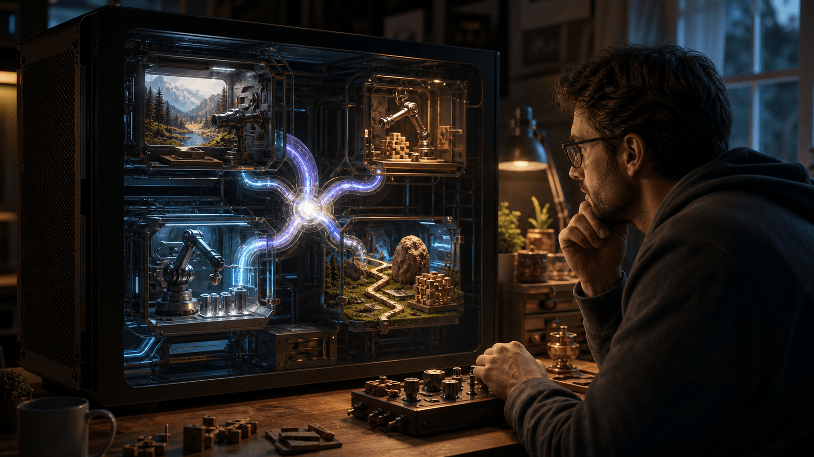 A developer supervises a desktop computer whose transparent case routes light through physical chambers for image analysis, tool use, and recovery around an obstacle.