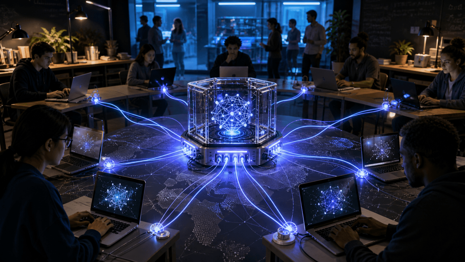 A central compute module sends an abstract AI model to independent laptops and community worktables across a world map.