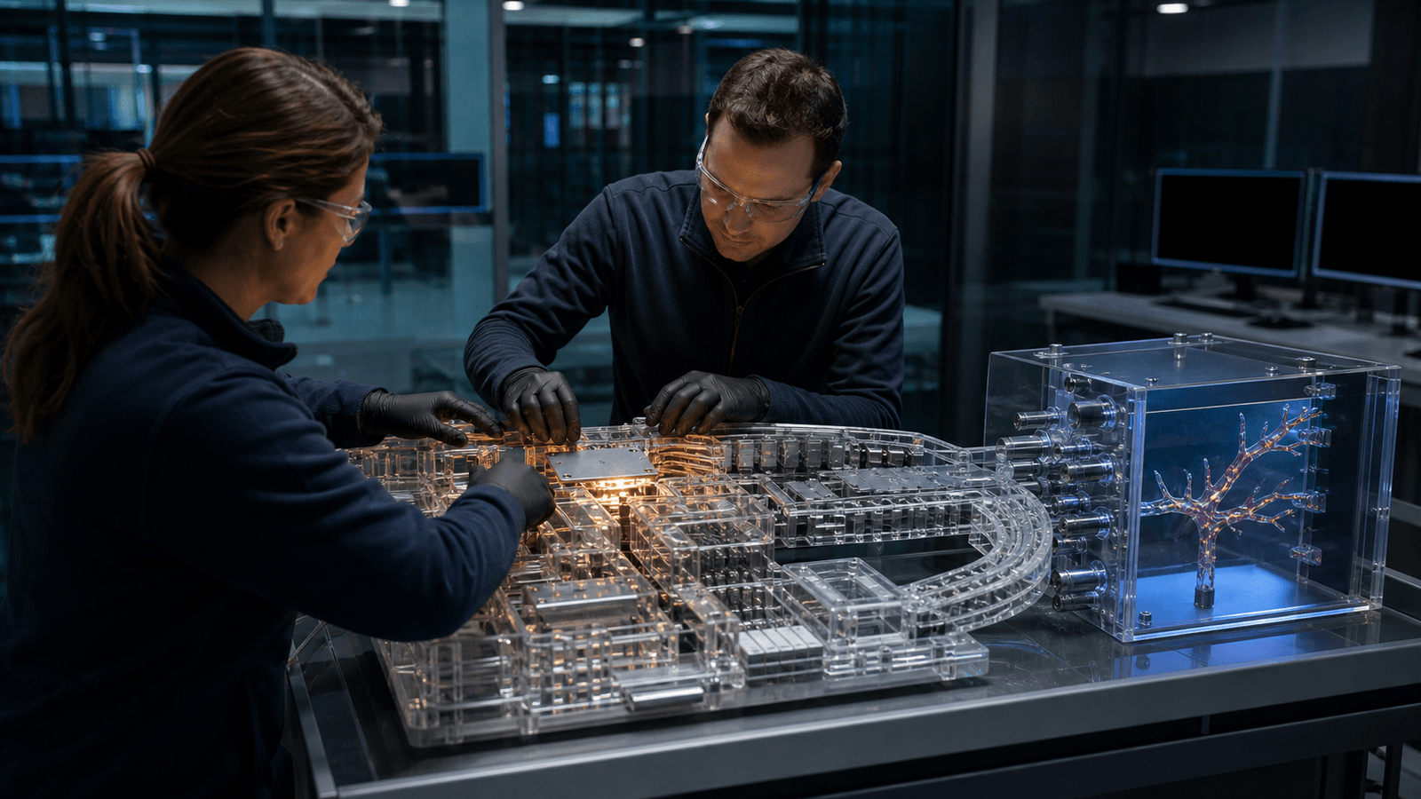 Two security researchers seal a glowing flaw in a transparent browser-like mechanism while a dangerous branch remains isolated in a clear test chamber.
