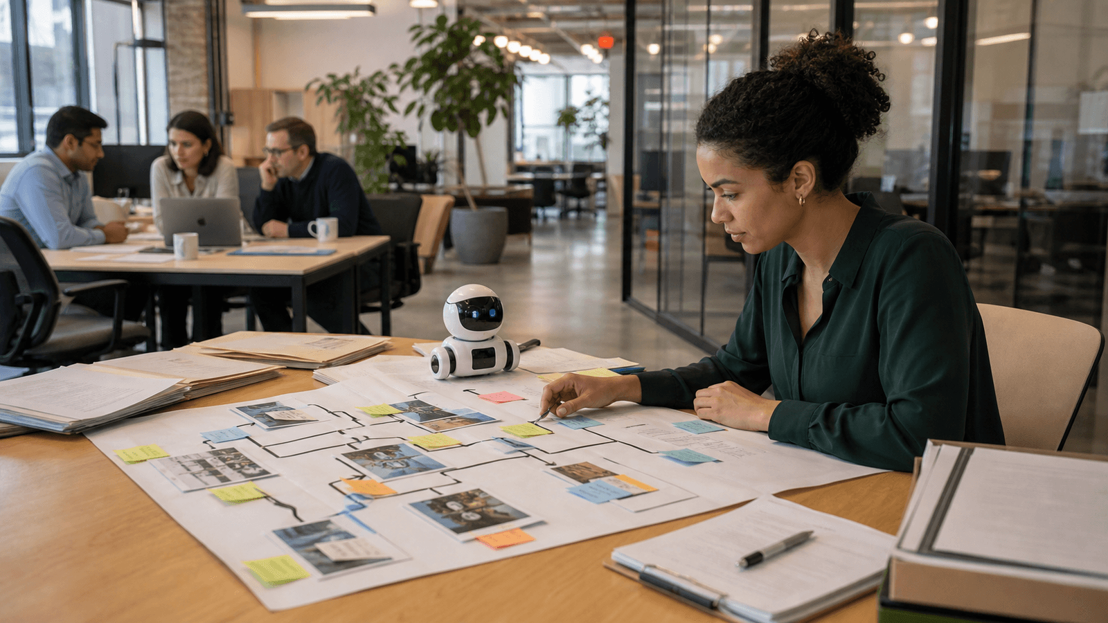 An enterprise employee reviews a multi-step workflow with an AI assistant while coworkers collaborate in a modern office.