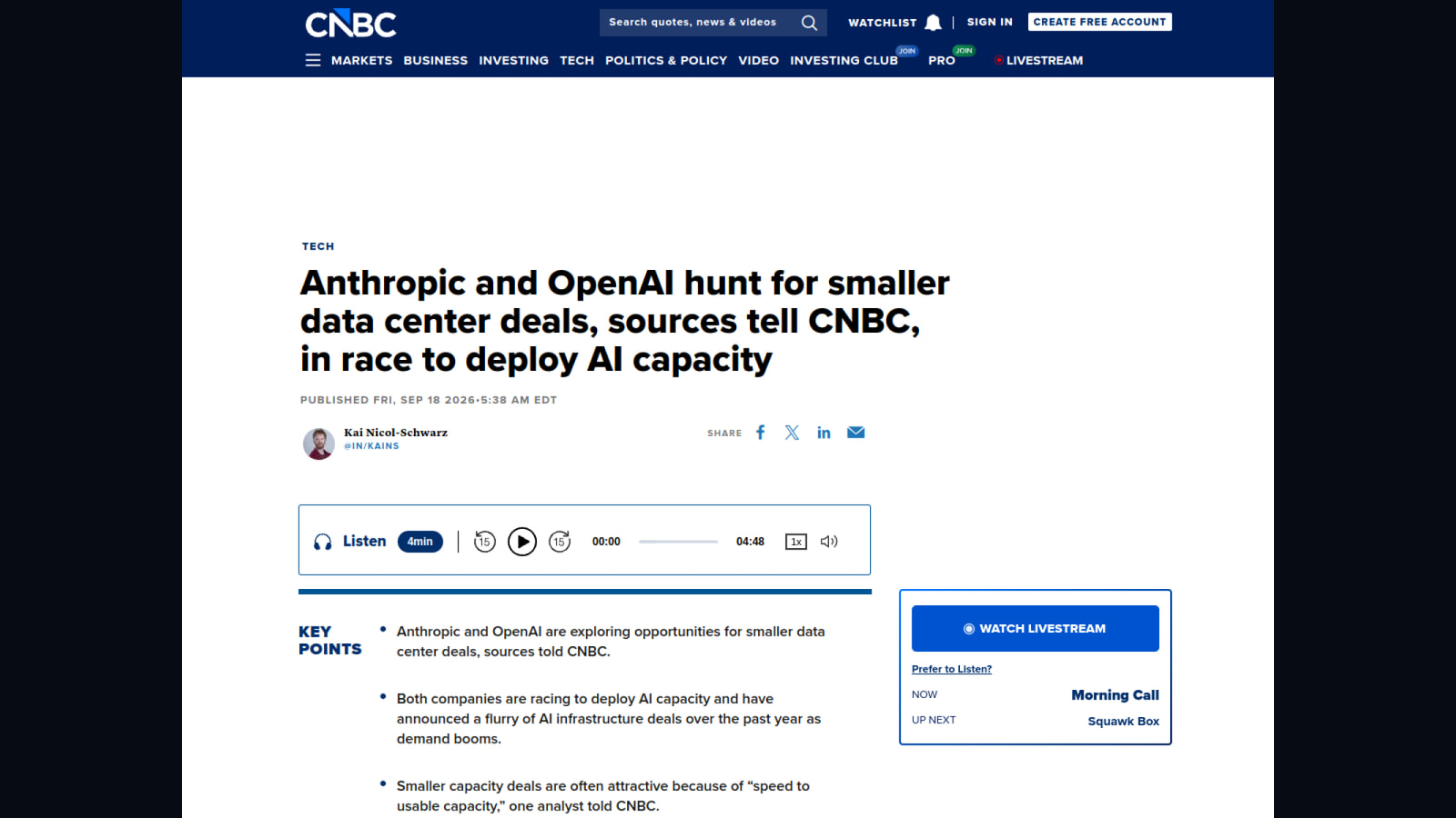 Source-page capture accompanying Anthropic and OpenAI hunt for smaller data center deals