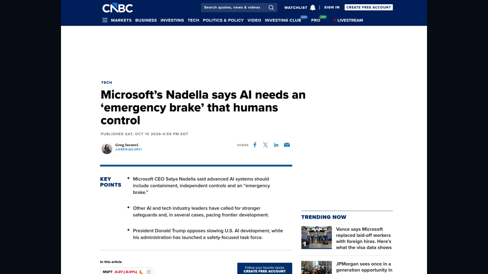 Microsoft CEO Satya Nadella calls for 'emergency brake' on advanced AI ...