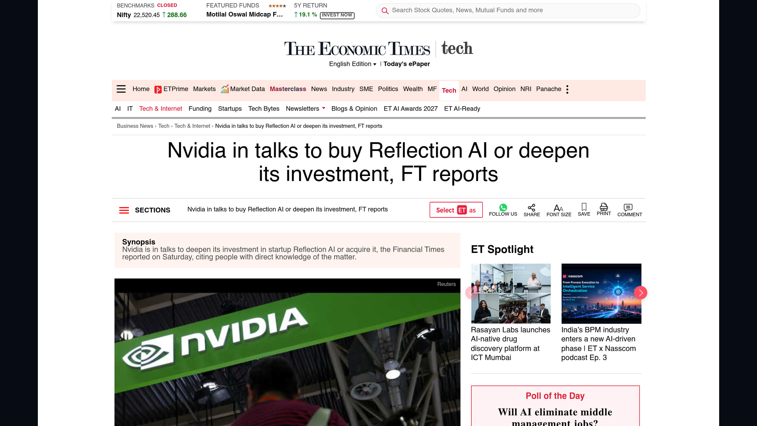 Nvidia in talks to acquire or deepen investment in Reflection AI