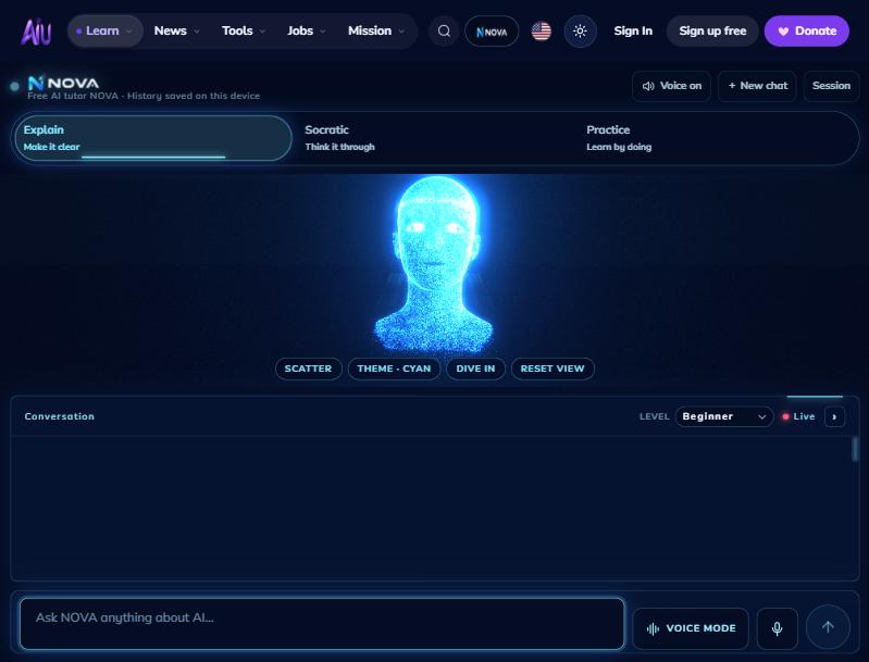 The NOVA tutor page with the NOVA lockup, the level picker set to Beginner and an open conversation panel
