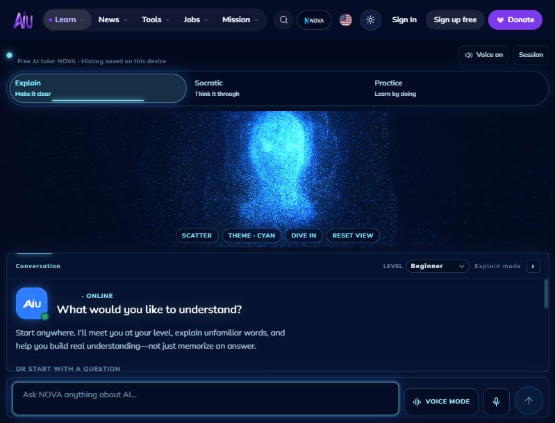 The NOVA tutor page with the blue particle hologram, the Explain, Socratic and Practice modes and the question box